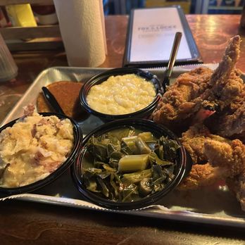 Fox & Locke - Fried chicken creamed corn mashed potatoes and collard greens - Comfort Food Near Me - Franklin, Tennessee