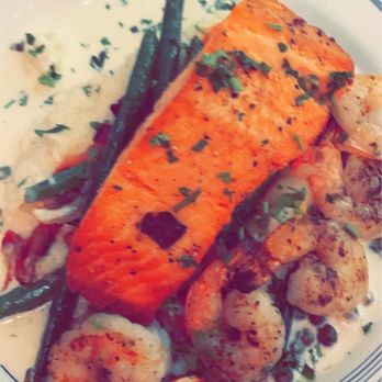 Redwood Cafe - Salmon with grits & shrimp and green beans. - New American Near Me - Modesto, California Redwood Cafe - Salmon with grits & shrimp and green beans. - New American Near Me - Modesto, California