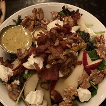 Yellow Belly - Seasonal salad with apples, kale, goat cheese, walnuts, bacon, fried onion strings... sooo good - American Near Me - Santa Barbara, California Yellow Belly - Seasonal salad with apples, kale, goat cheese, walnuts, bacon, fried onion strings... sooo good - American Near Me - Santa Barbara, California