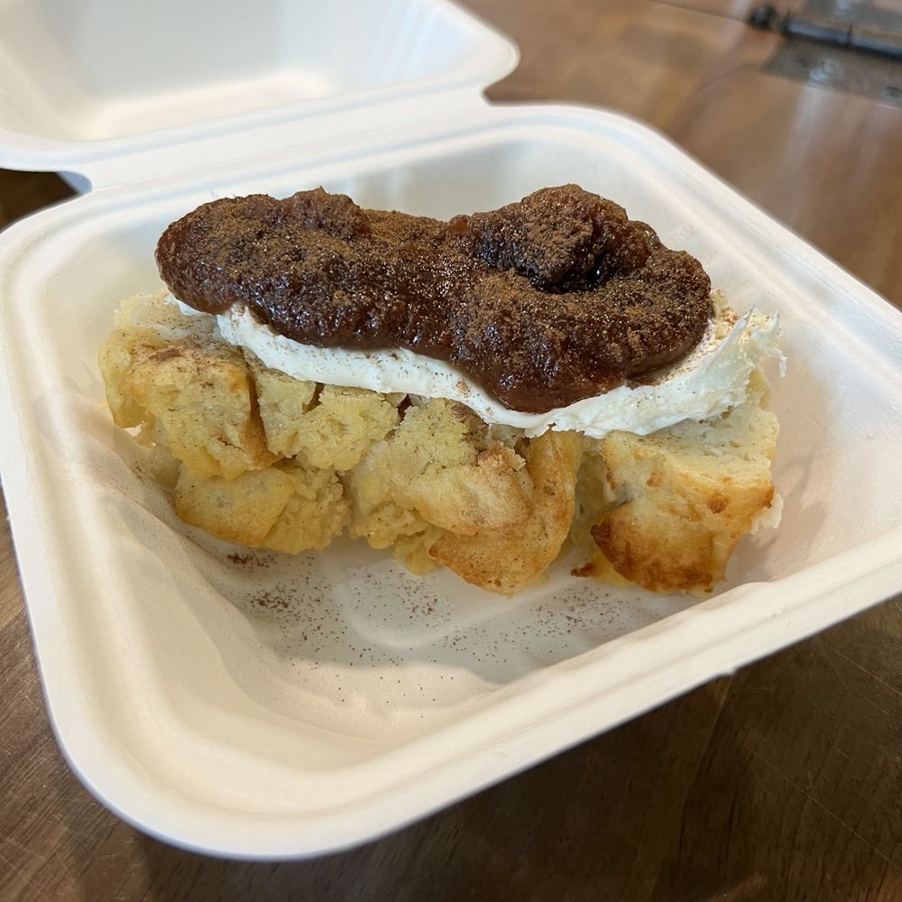 Crumpet bread pudding with clotted cream, apple butter, and cinnamon
