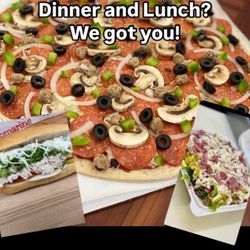 Valentino's Take N Bake Pizza - Sub sandwich, salad, and a beautiful pizza