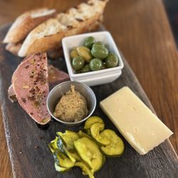 Pork pate, manchego cheese, olives