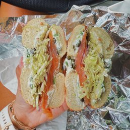 Lox bagel on garlic bagel add lettuce