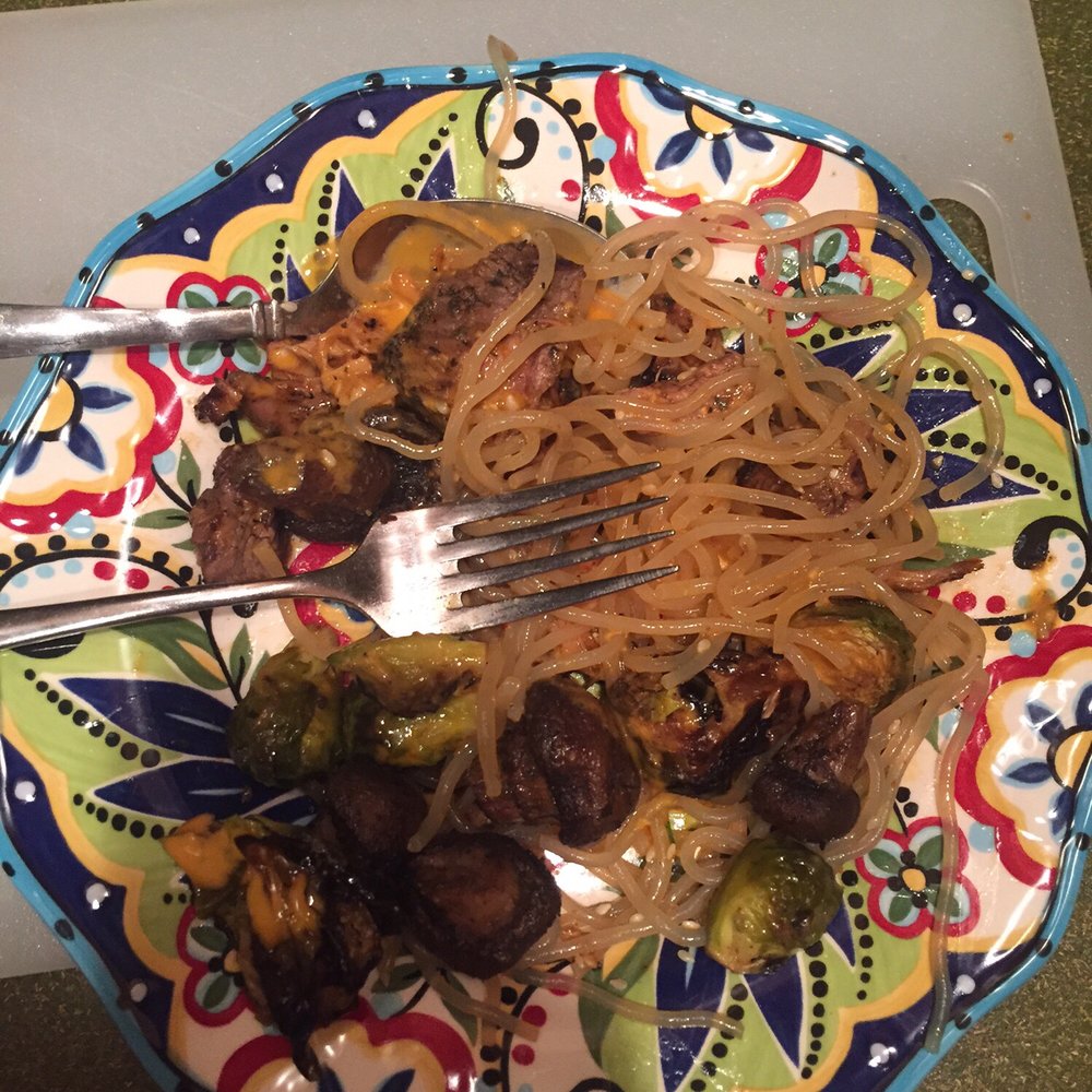 Fresh Kitchen - At home style: sweet potato noodles, mushrooms, Brussels, and steak! Yum. I have food for a week! Score! - New American Near Me - Sarasota, Florida