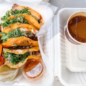 Tacos Y Mariscos Las Islitas - Birra tacos with salsa verde and salsa roja, and a nice hot cup of consommé - Food Trucks Near Me - Kahului, Hawaii Tacos Y Mariscos Las Islitas - Birra tacos with salsa verde and salsa roja, and a nice hot cup of consommé - Food Trucks Near Me - Kahului, Hawaii