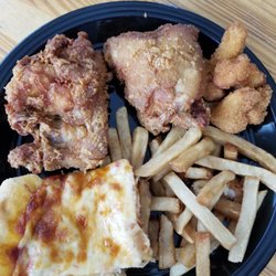 Pizza Mex - Thurs - July 30, 2020 how items looked on my plate, Pizza, Chicken, Fries, and cauliflower.