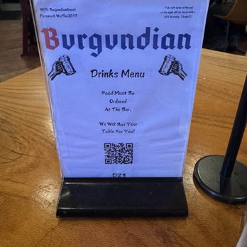 Burgundian - Menu - A printed drinks menu at Burgundian restaurant, placed on a wooden table, includes Wi-Fi details and a QR code for ordering drinks. - Food Trucks Near Me - Attleboro, Massachusetts