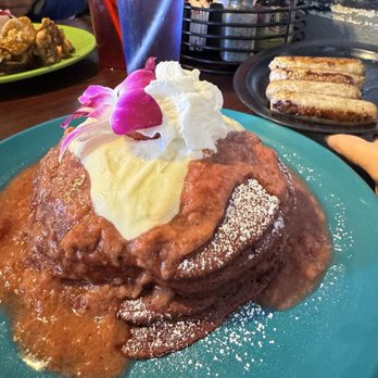 Guieb Cafe - Strawberry Red Velvet Pancake with side Chicken Sausages. - Breakfast & Brunch Near Me - Las Vegas, Nevada