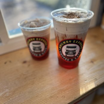 Railway Express Coffee and Eats - Iced caramel macchiato with sweet cream cold foam. - Food Trucks Near Me - Santo, Texas Railway Express Coffee and Eats - Iced caramel macchiato with sweet cream cold foam. - Food Trucks Near Me - Santo, Texas