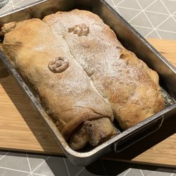 Edelweiss Cooking School - Our strudel is on the right. Johann made a Christmas tree design on top.