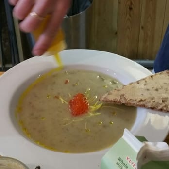 Scandinavian Embassy - Potato & Leek soup - trout caviar, fermented cucumber, crisp bread with espresso butter - Coffee & Tea Near Me - Amsterdam, New Hampshire Scandinavian Embassy - Potato & Leek soup - trout caviar, fermented cucumber, crisp bread with espresso butter - Coffee & Tea Near Me - Amsterdam, New Hampshire