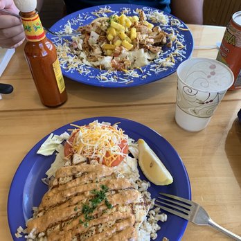 Coconuts Fish Cafe - Bottom:Grilled Mahi Mahi Plate with southwest chipotle sauce over brown rice Top: Taco Mountain - Seafood Near Me - Kihei, Hawaii