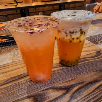 Fusion Corner - The lychee rose tea on the left and the passionfruit macchiato on the right - Asian Fusion Near Me - Stanton, California Fusion Corner - The lychee rose tea on the left and the passionfruit macchiato on the right - Asian Fusion Near Me - Stanton, California