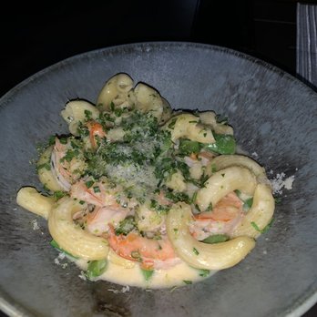 Peppervine - marrow. kale, parmesan LUMACHE PASTA  n.c. shrimp, snap peas, truffle butter, lime - New American Near Me - Charlotte, North Carolina