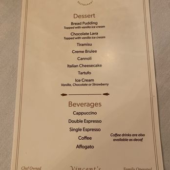 Vincent’s Italian Restaurant - Desert Menu - Italian Near Me - Freehold, New Jersey