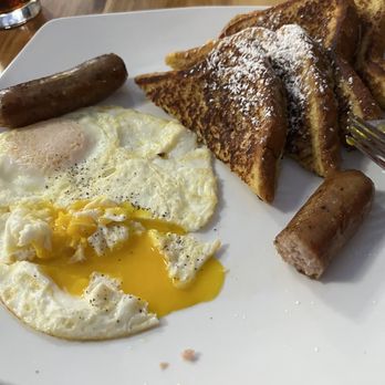 Crooked Horns Bar & Grill - Combo 2 - she'd already broken the yokes.  Look at the size of those sausage links! - Burgers Near Me - Sycamore, Illinois