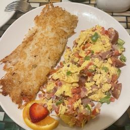 Chicken sausage omelet with side of hash brown. Not pictured is the sweet potato biscuit Chicken sausage omelet with side of hash brown. Not pictured is the sweet potato biscuit
