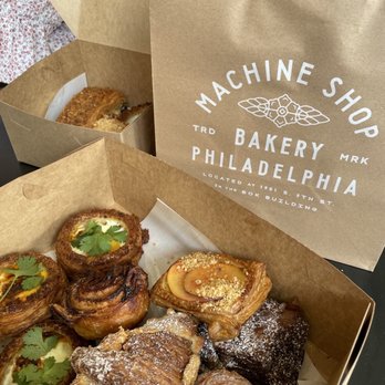 Machine Shop - jammy egg, almond croissant, strawberry kouign amann, peach danish, morning bun, choc hazelnut croissant - Desserts Near Me - Philadelphia, Pennsylvania Machine Shop - jammy egg, almond croissant, strawberry kouign amann, peach danish, morning bun, choc hazelnut croissant - Desserts Near Me - Philadelphia, Pennsylvania