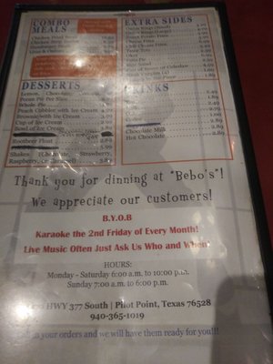 Menu photo 6 Bebo's Cafe Pilot Point, TX