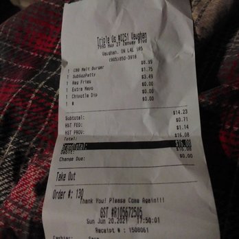 Triple O's - a receipt for a restaurant - Burgers Near Me - Vaughan, Ontario