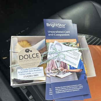 Dolce Monachelli's - Sampler packet with company brochures and card pushed under ribbon. - Bakeries Near Me - Fullerton, California