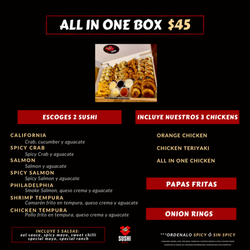Sushi Box - ALL IN ONE BOX $45
(comen 2 a 4 personas)