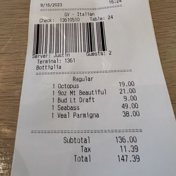 Bottiglia - Receipt - Italian Near Me - Henderson, Nevada Bottiglia - Receipt - Italian Near Me - Henderson, Nevada
