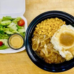 Campora Catering - Salisbury steak with mashed potatoes, corn and a garden salad.