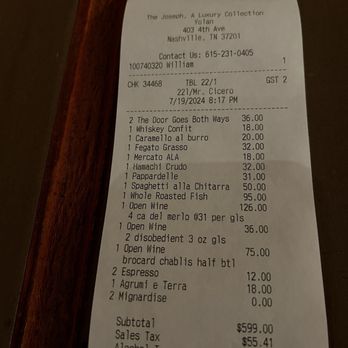Yolan - My mate and I somehow dropped $840 (including tip) despite not being full. This place is good but not $840 good. - Italian Near Me - Nashville, Tennessee Yolan - My mate and I somehow dropped $840 (including tip) despite not being full. This place is good but not $840 good. - Italian Near Me - Nashville, Tennessee