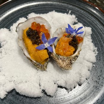 Tata's Cafe - West Coast Oysters with Caviar-finger lime & borage blossom.   Seafood lovers delight! It's perfectly paired with all the flavors required. - Breakfast & Brunch Near Me - Hawthorne, California
