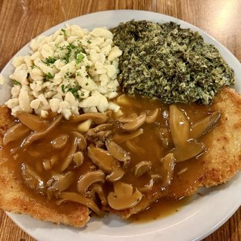 Bavarian Grill - Jagerschnitzel with spatzel & creamed spinach - German Near Me - Plano, Texas Bavarian Grill - Jagerschnitzel with spatzel & creamed spinach - German Near Me - Plano, Texas