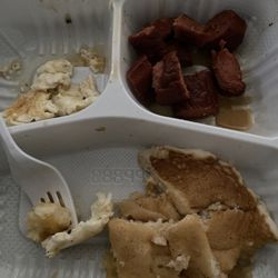Mary's Place - Delicious fluffy pancakes, seasoned egg whites, & spicy beef sausage. I forgot to take a picture before I started, but it was so good!