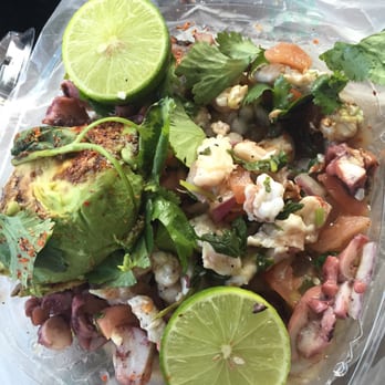 Mariscos German - Fish shrimp and octopus tostadas with the onions removed from the top for the pic - Food Trucks Near Me - San Marcos, California
