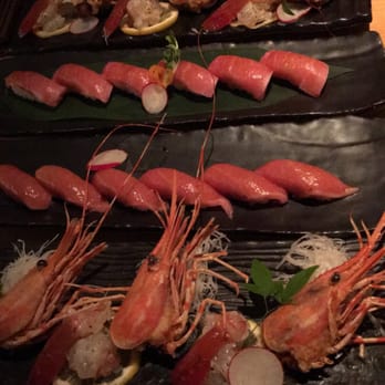 MF Sushi - Tempura shrimp head & raw seasoned body. Fatty & super fatty tuna - Sushi Bars Near Me - Houston, Texas