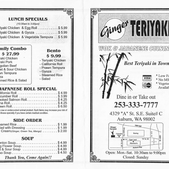 Ginger Teriyaki II - Can't find their menu anywhere online - posting it here - Japanese Near Me - Auburn, Washington Ginger Teriyaki II - Can't find their menu anywhere online - posting it here - Japanese Near Me - Auburn, Washington