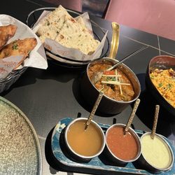 Spice Village Tooting - vegetable empanadas, garlic naan, (forgot) lamb, chicken biriyani