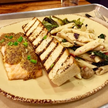 Urban Plates - Honey mustard glazed salmon with Turkey bacon brussels sprouts and kale pasta. MOUTH-WATERING. - New American Near Me - Irvine, California Urban Plates - Honey mustard glazed salmon with Turkey bacon brussels sprouts and kale pasta. MOUTH-WATERING. - New American Near Me - Irvine, California