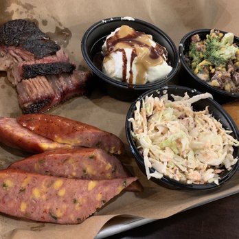 Mission BBQ - jalapeño and cheese sausage and some fatty moist brisket with some coleslaw and broccoli salad - Barbeque Near Me - Fredericksburg, Virginia Mission BBQ - jalapeño and cheese sausage and some fatty moist brisket with some coleslaw and broccoli salad - Barbeque Near Me - Fredericksburg, Virginia