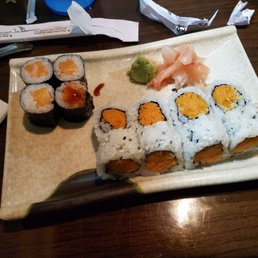 Salmon roll, spicy tuna roll, philly roll, and some $14.00 roll (not worth) Salmon roll, spicy tuna roll, philly roll, and some $14.00 roll (not worth)