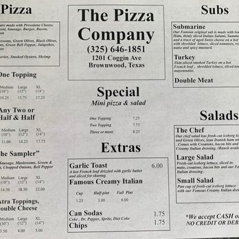 Pizza Company - Menu current as of April 25, 2023 - Pizza Near Me - Brownwood, Texas Pizza Company - Menu current as of April 25, 2023 - Pizza Near Me - Brownwood, Texas