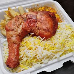 Laziz Broast & Mix Grill - Tandoori chicken, basmati rice, fries and veggies combo.