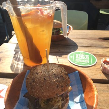 Makamaka - The white sangria, my seitan burger, and his hamburger. Enjoyed by us both! - Burgers Near Me - Barcelona, B Makamaka - The white sangria, my seitan burger, and his hamburger. Enjoyed by us both! - Burgers Near Me - Barcelona, B