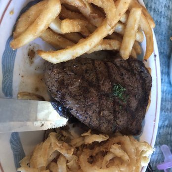 Lee's Inlet Kitchen - 10oz sirloin cooked medium, French fries, and onion strings. - Seafood Near Me - Murrells Inlet, South Carolina Lee's Inlet Kitchen - 10oz sirloin cooked medium, French fries, and onion strings. - Seafood Near Me - Murrells Inlet, South Carolina