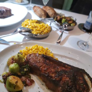 Steak 48 - KC Strip, Petite Filet, Potatoes, Brussels, Sautéed Corn - Steakhouses Near Me - Beverly Hills, California Steak 48 - KC Strip, Petite Filet, Potatoes, Brussels, Sautéed Corn - Steakhouses Near Me - Beverly Hills, California