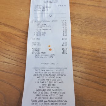 Five Guys - a receipt for a pizza - Burgers Near Me - Los Angeles, California