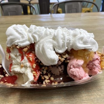 King Kone Creamery - #10 Monkey Split. Vanilla, chocolate and strawberry ice cream. Topped with strawberry, pineapple and chocolate syrups and whipped cream. - Ice Cream & Frozen Yogurt Near Me - Hummelstown, Pennsylvania