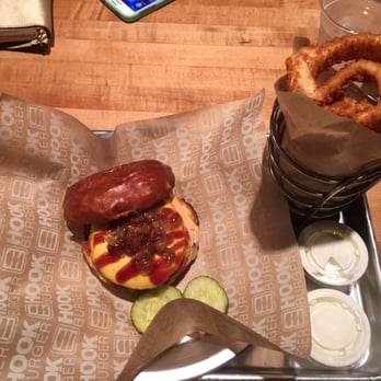 Hook Burger - The pretzel burger with onion rings. Yum! - Burgers Near Me - Pasadena, California