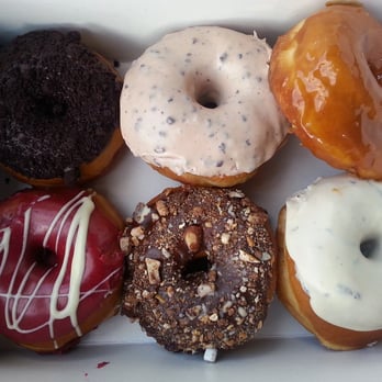 SuzyQ Doughnuts Hintonburg - Dirty Chocolate , Orange with Chocolate Freckles , Salted Caramel , Raspberry Cassis , Roughrider, and London Fog Donut - Donuts Near Me - Ottawa, Ontario