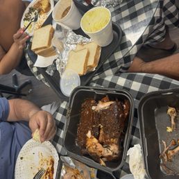 Slap a ribs, chicken, potato salad, bake beans, greens and corn bread!! YUMMMMM