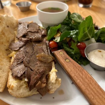 Montauk Bistro - Tiny slices of beef on the French dip, just 1 layer so the beef isn't noticeable in every bite - Asian Fusion Near Me - Draper, Utah